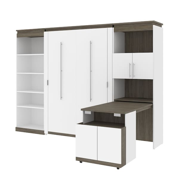 Orion 118W Full Murphy Bed with Shelving and Fold-Out Desk (119W), White & Walnut Grey